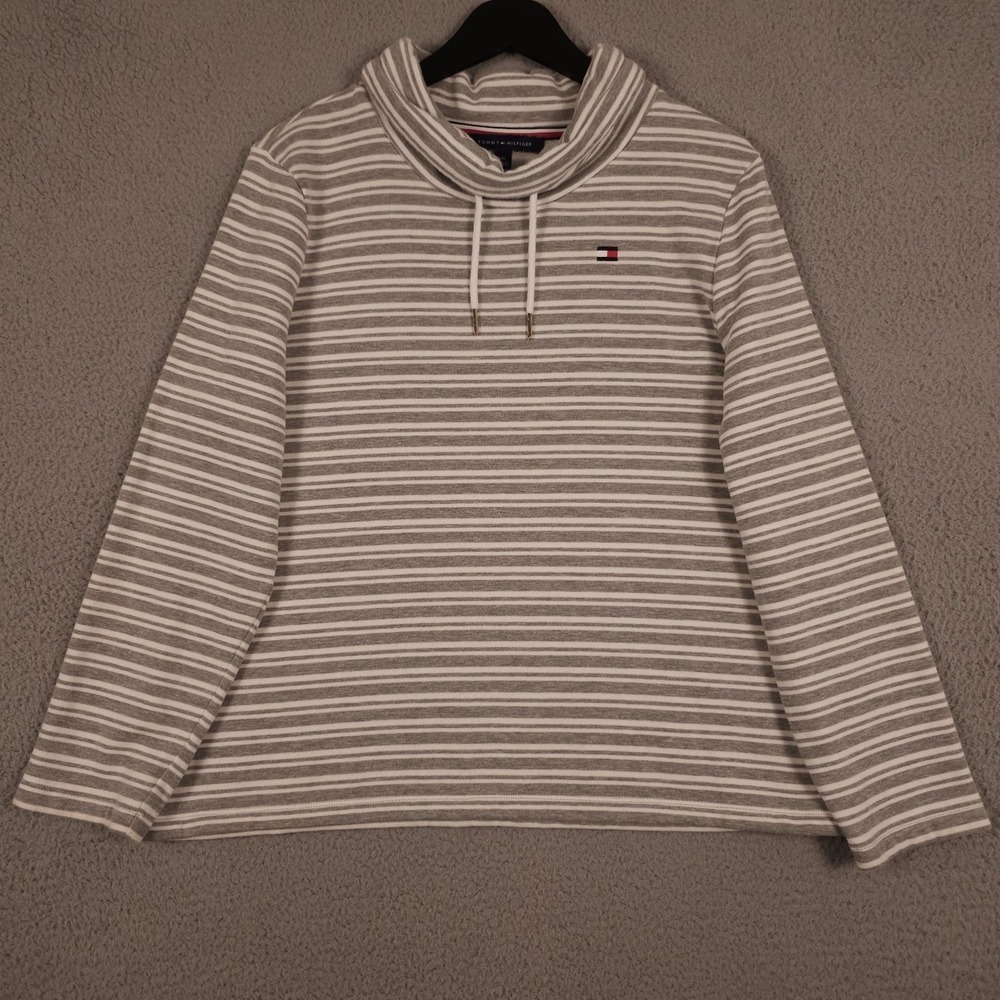 Tommy Hilfiger Sweatshirt Women Large Gray White Striped Cowl Neck Pullover Flag